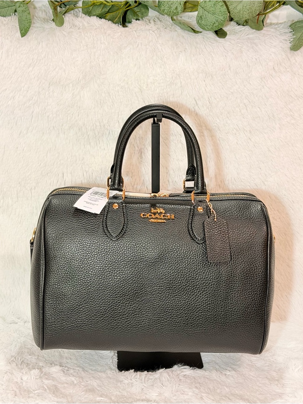 COACH Rowan Large Satchel Bag in blk pebbled leather w/ gold hardware NWT